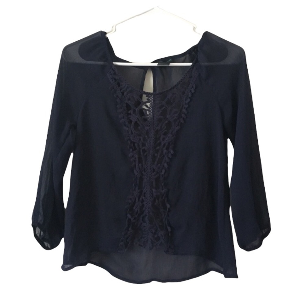 Kelly Renee navy blue sheer blouse top XS